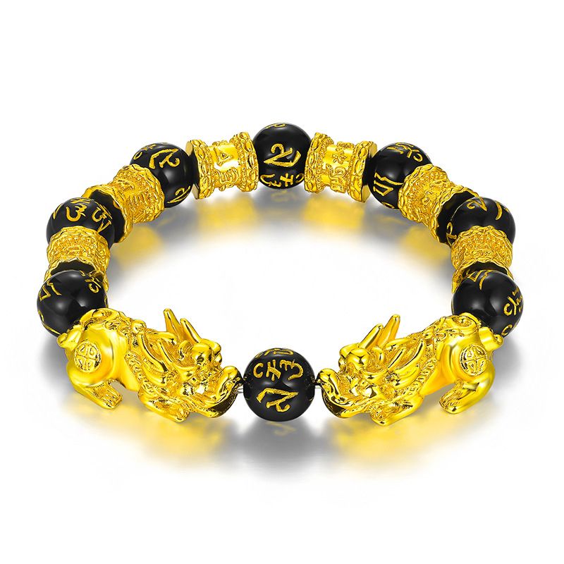 Feng Shui Gold Skull Obsidian Wealth Bracelet - Black