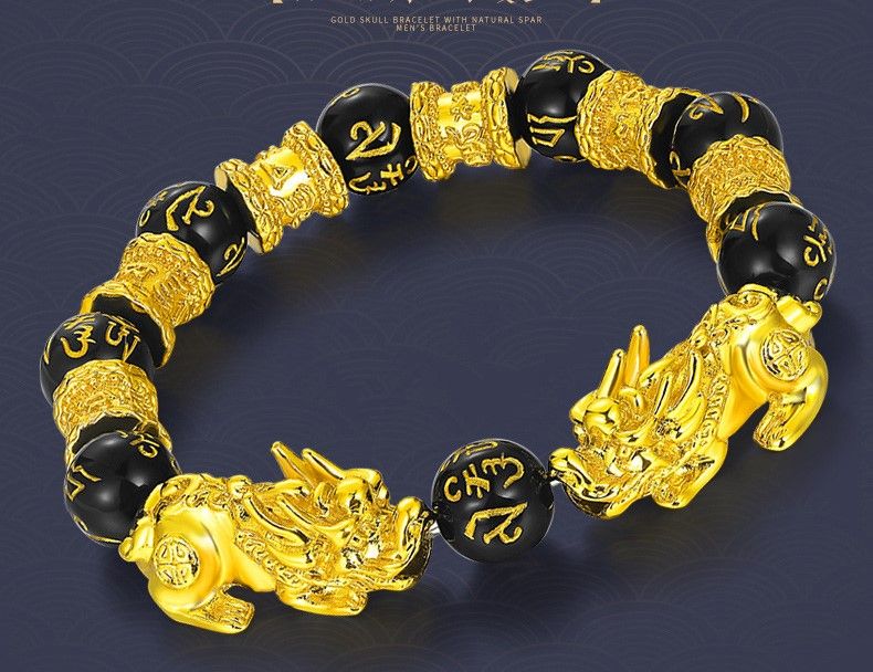 Feng Shui Gold Skull Obsidian Wealth Bracelet - Black