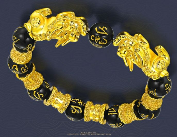 Feng Shui Gold Skull Obsidian Wealth Bracelet - Black