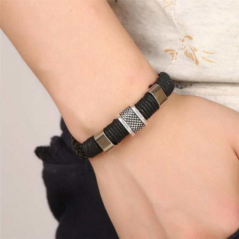 Mens Dual Layer Braided Faux Leather Magnetic-Black