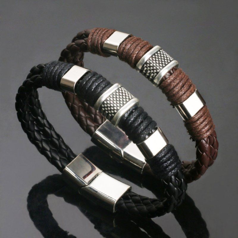 Mens Dual Layer Braided Faux Leather Magnetic-Black