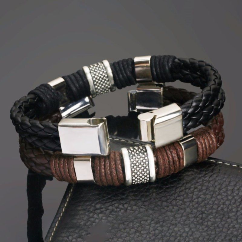 Mens Dual Layer Braided Faux Leather Magnetic-Black