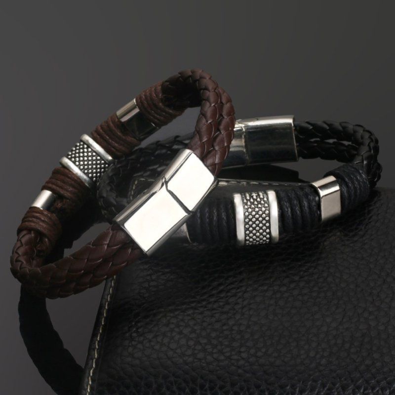 Mens Dual Layer Braided Faux Leather Magnetic-Black