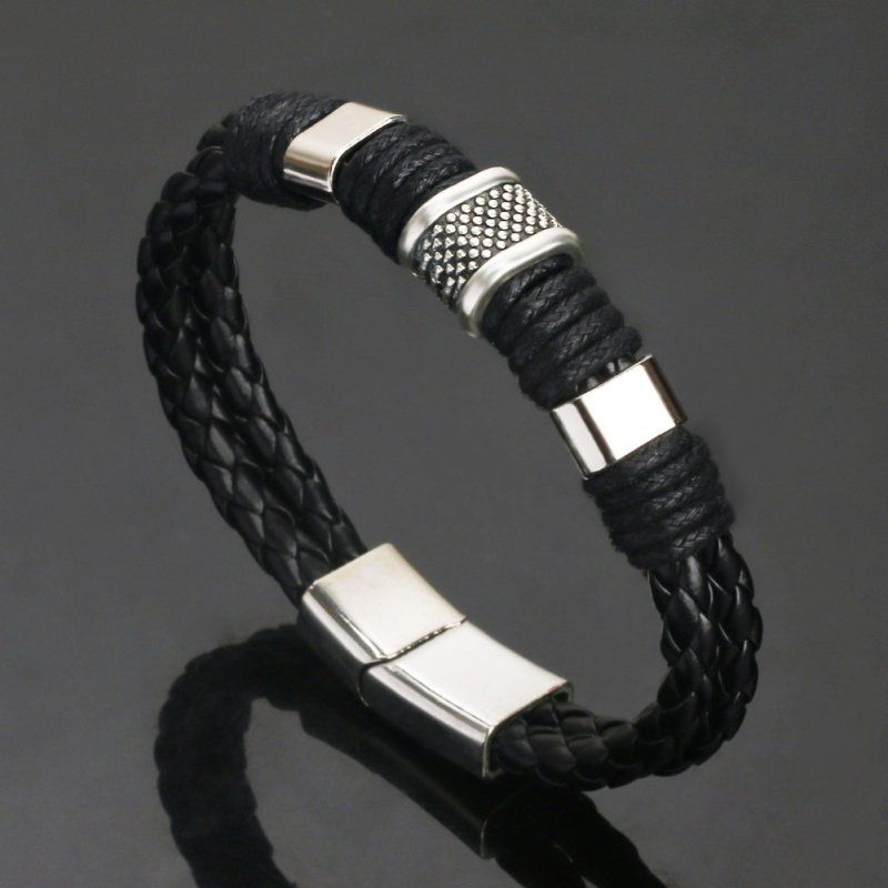 Mens Dual Layer Braided Faux Leather Magnetic-Black