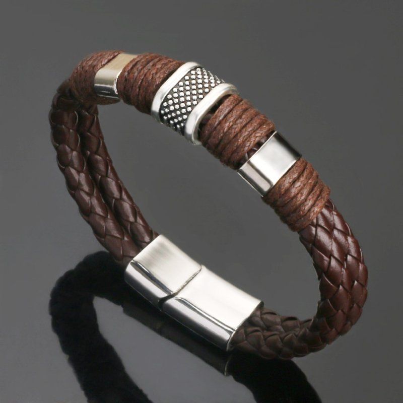 Mens Dual Layer Braided Faux Leather Magnetic-Black