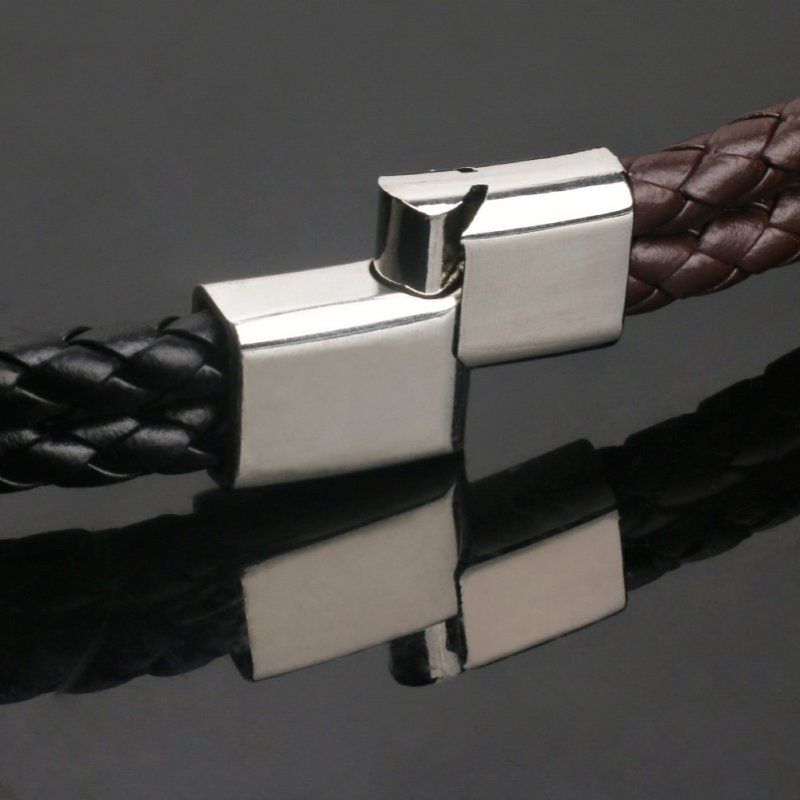 Mens Dual Layer Braided Faux Leather Magnetic-Black