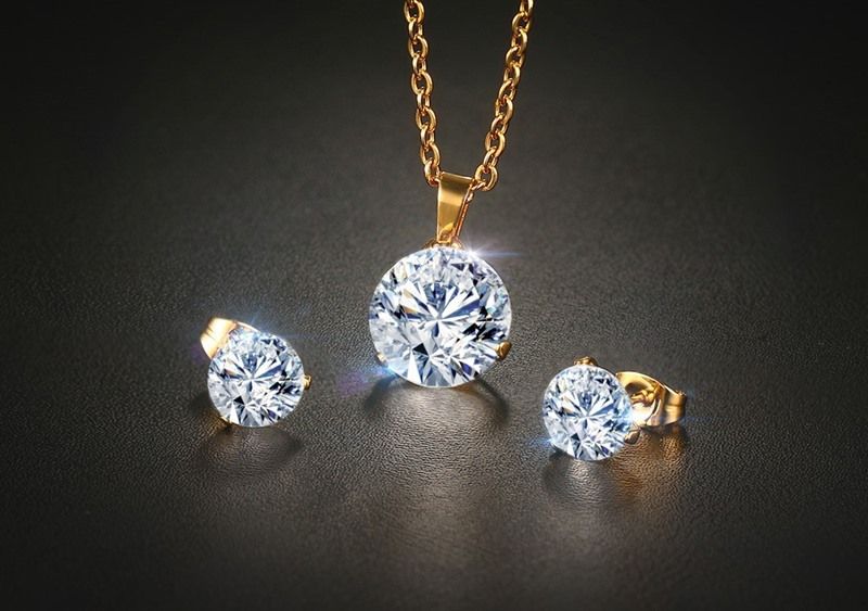 Simple Stainless Steel Gold Jewelry Sets For Women Rhinestone Crystal Wedding Necklace Earring Set For Ladies