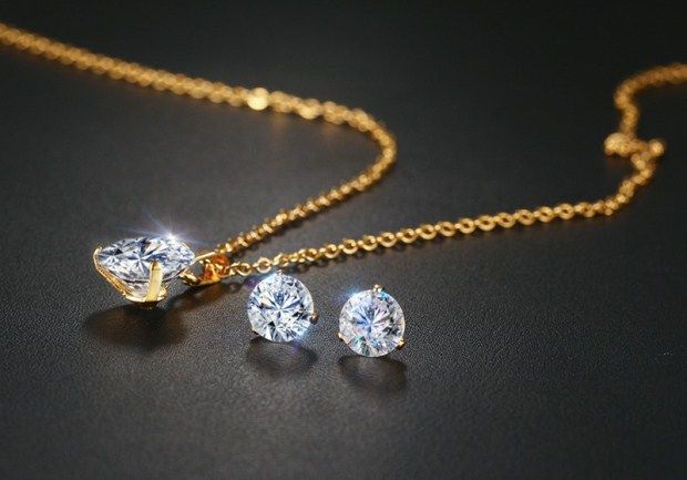 Simple Stainless Steel Gold Jewelry Sets For Women Rhinestone Crystal Wedding Necklace Earring Set For Ladies