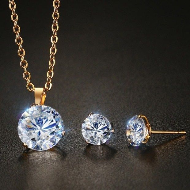 Simple Stainless Steel Gold Jewelry Sets For Women Rhinestone Crystal Wedding Necklace Earring Set For Ladies