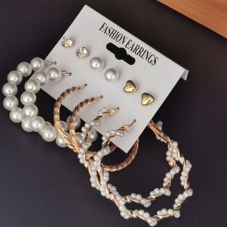 6 In 1 Set Of Hoops,Studs & Pearl Mix Shape  Earrings