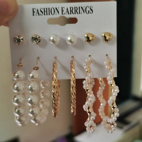 6 In 1 Set Of Hoops,Studs & Pearl Mix Shape  Earrings