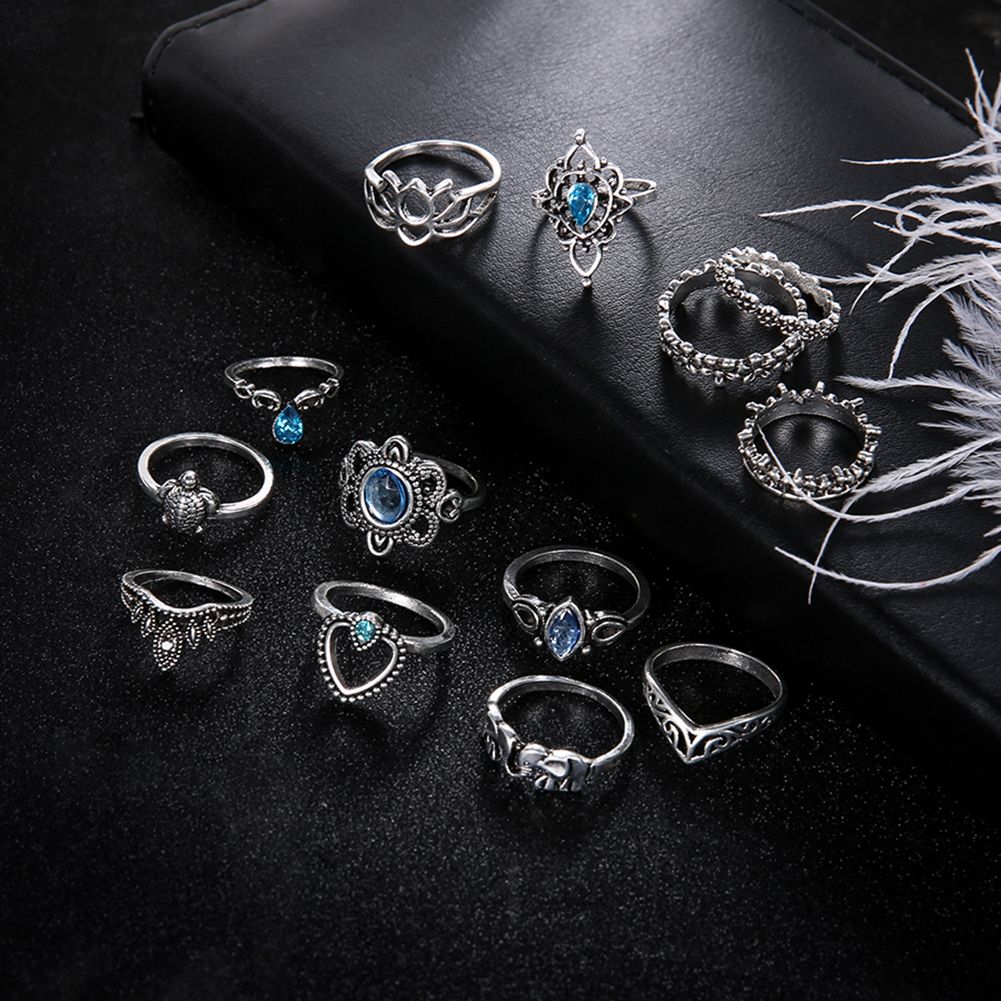 13Pcs Boho Hollow Stacking Ring Set Knuckle-Antique Silver
