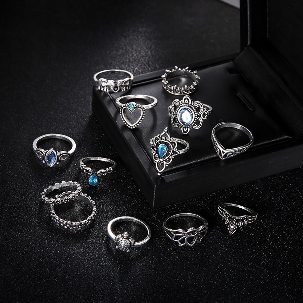 13Pcs Boho Hollow Stacking Ring Set Knuckle-Antique Silver