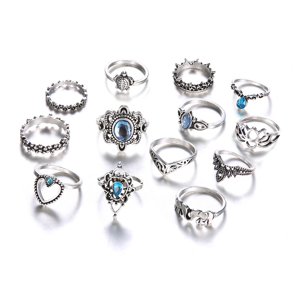 13Pcs Boho Hollow Stacking Ring Set Knuckle-Antique Silver