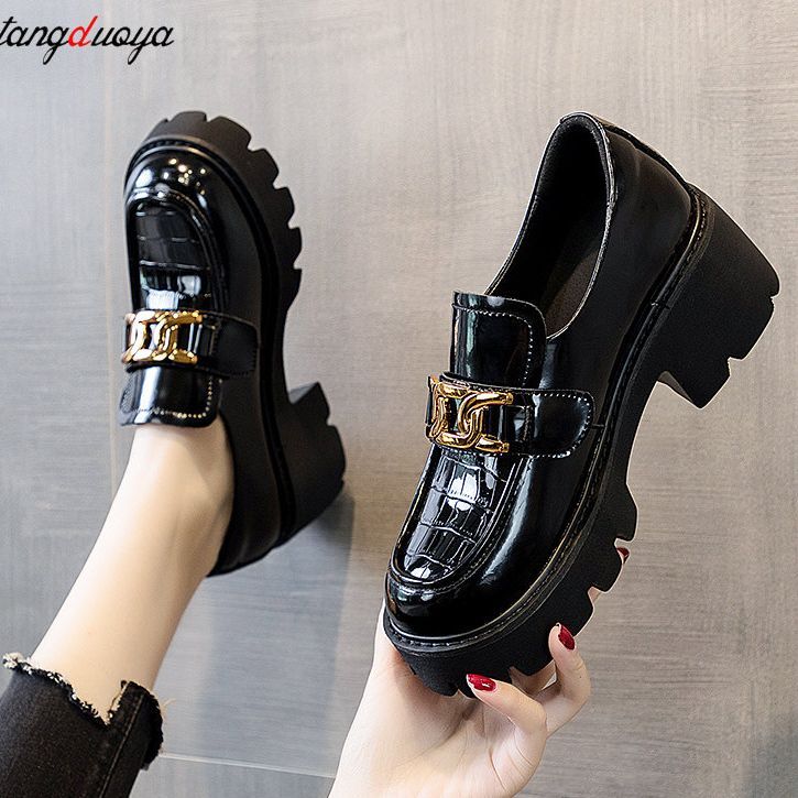 (black)chain Women's Loafers Heels Lolita Shoes Platforms Mary Janes Girls Japanese School Jk  JIN