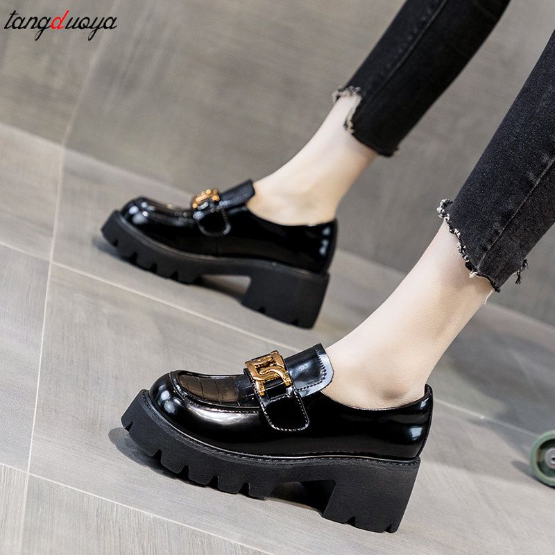 (black)chain Women's Loafers Heels Lolita Shoes Platforms Mary Janes Girls Japanese School Jk  JIN