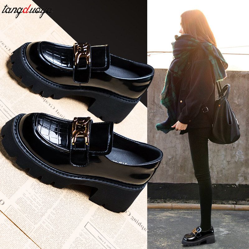 (black)chain Women's Loafers Heels Lolita Shoes Platforms Mary Janes Girls Japanese School Jk  JIN