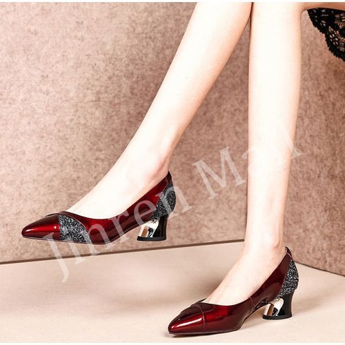 Ladies Fashion Pointed Toe Thick Heel Single Shoes-Red