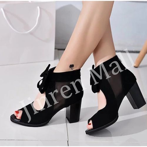 Ladies Fashion Chunky Heel Bow Sandals-Black