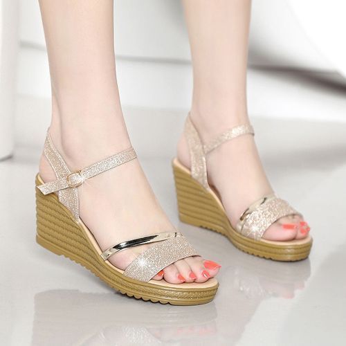 Women's Glitter Wedge Heeled Sandals Fish Mouth Shoes-Gold