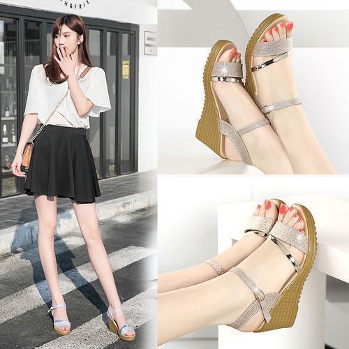 Women's Glitter Wedge Heeled Sandals Fish Mouth Shoes-Gold