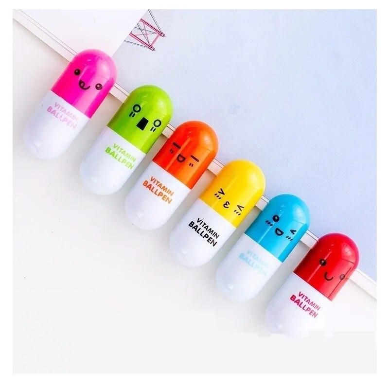 6pcs Novelty capsule ballpoint pen Cute Vitamin pill Blue color ink pens for writing Stationery Office school accessories A6205
