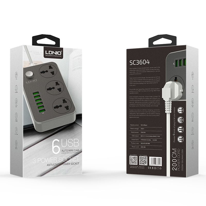 LDNIO 6 X USB Ports Multi-function Socket, Cable Length: 2m, EU Plug