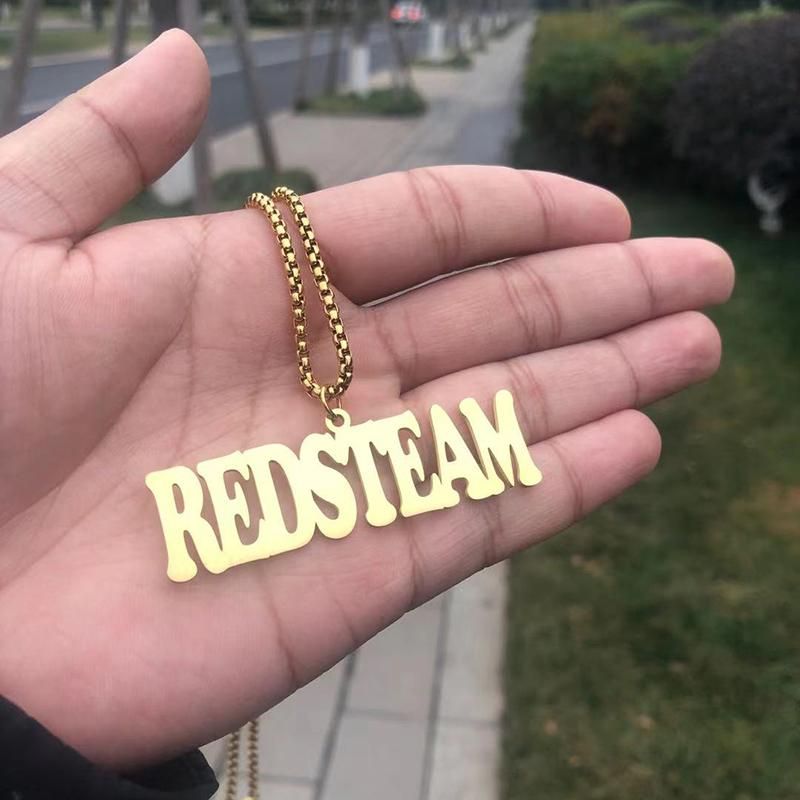 Personalized Stainless Steel Necklace with Large Name Pendant Custom Men Nameplate Gold Plated 2.5mm Bead Chain Handmade Gift
