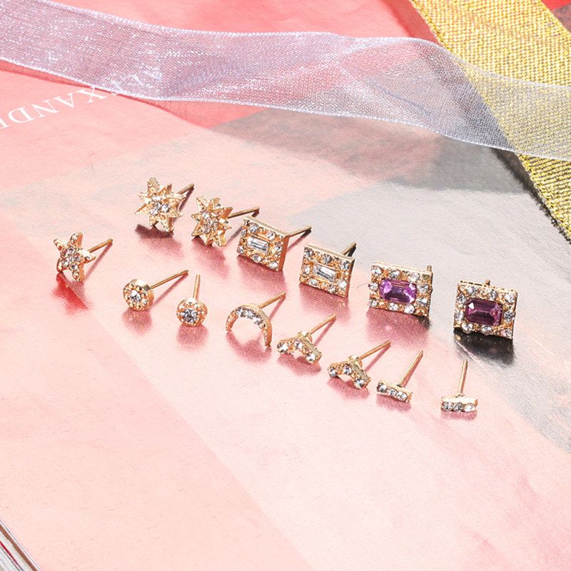 7Pairs/Set Women Rhinestone Inlaid Sun Star Moon Stud-