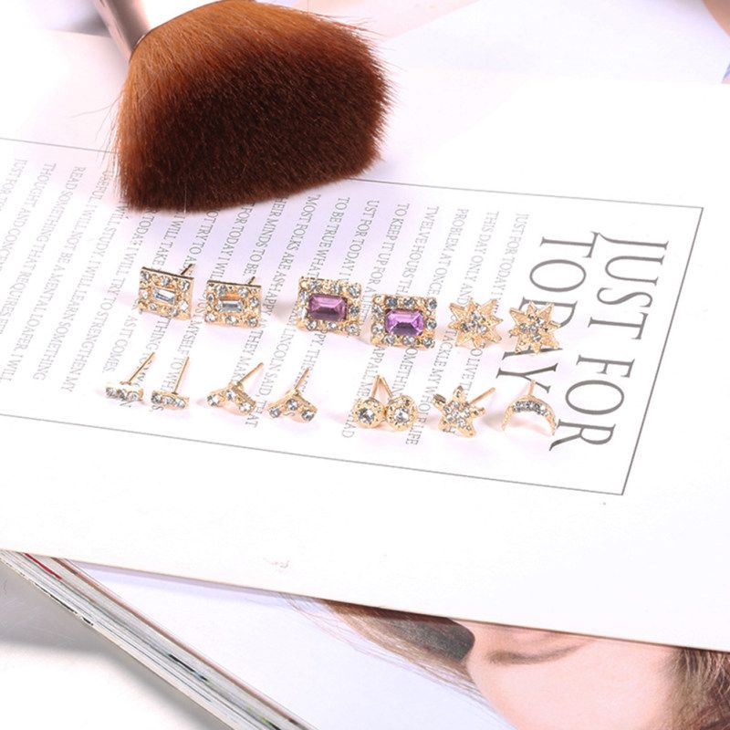 7Pairs/Set Women Rhinestone Inlaid Sun Star Moon Stud-
