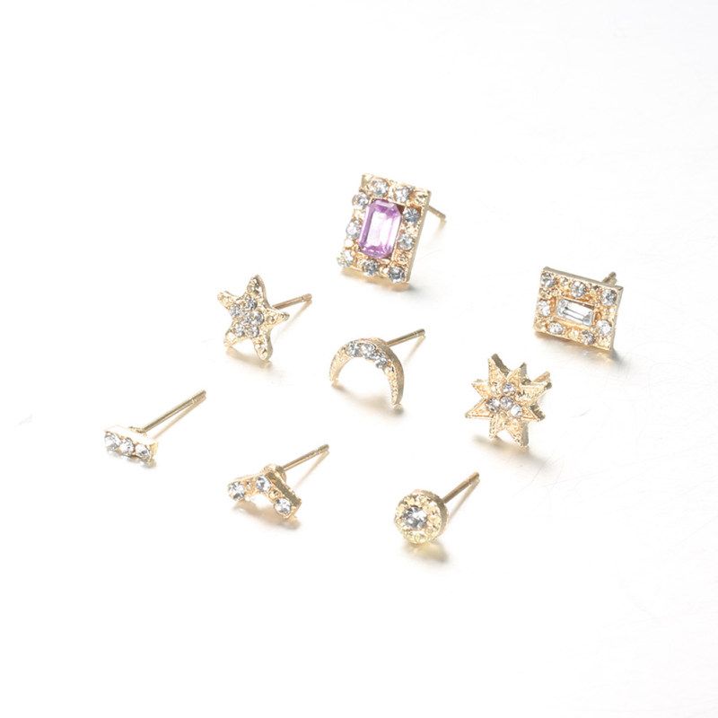 7Pairs/Set Women Rhinestone Inlaid Sun Star Moon Stud-