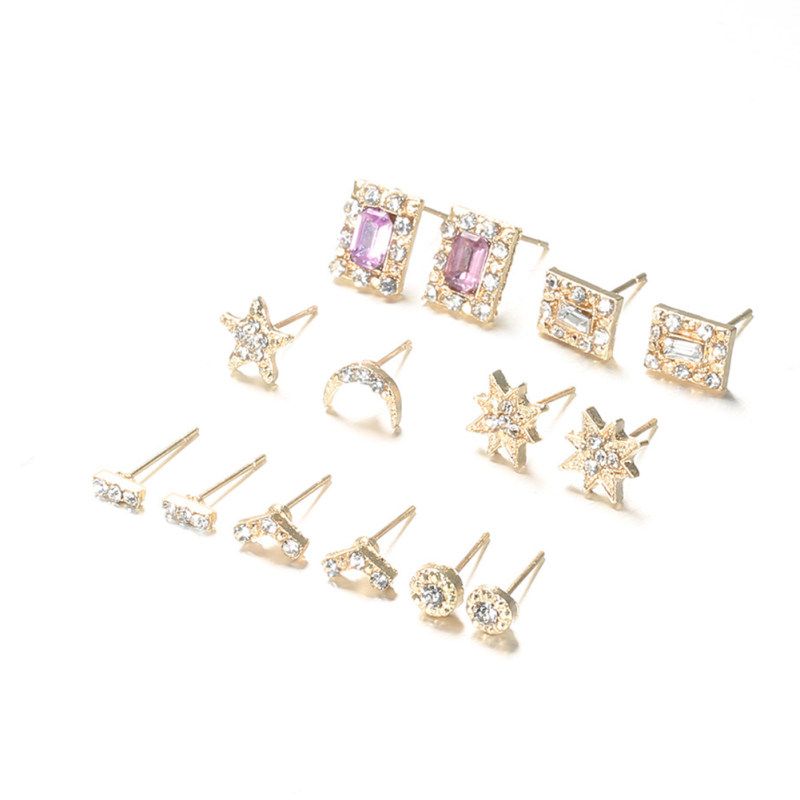 7Pairs/Set Women Rhinestone Inlaid Sun Star Moon Stud-