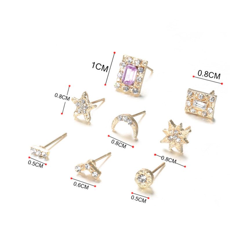 7Pairs/Set Women Rhinestone Inlaid Sun Star Moon Stud-