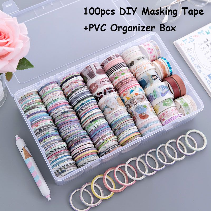 SKYSONIC 100pcs Washi Tape+Transparent Box Organizer