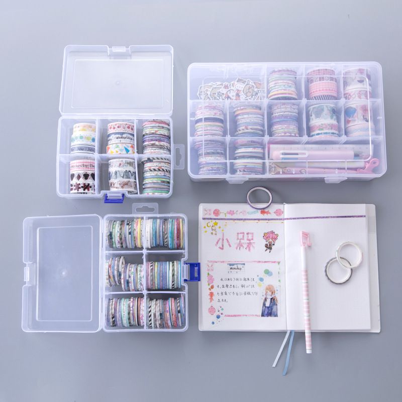 SKYSONIC 100pcs Washi Tape+Transparent Box Organizer