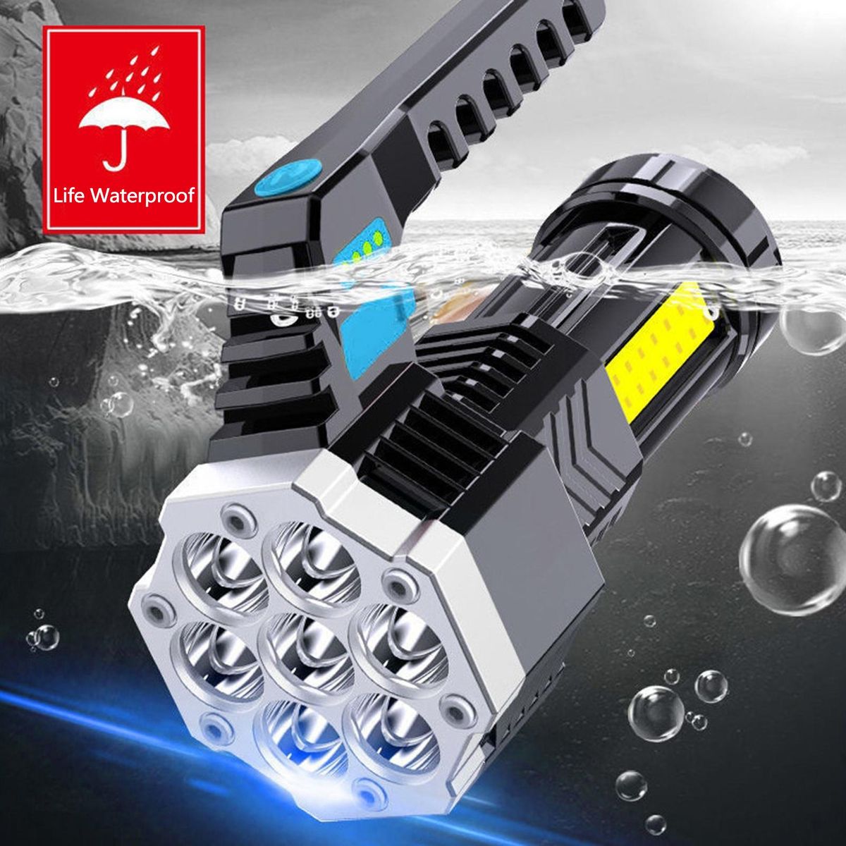Outdoor Strong Light Flashlight Power Display USB Rechargeable Life Waterproof COB Side Light Patrol Handlamp Fishing Lamp