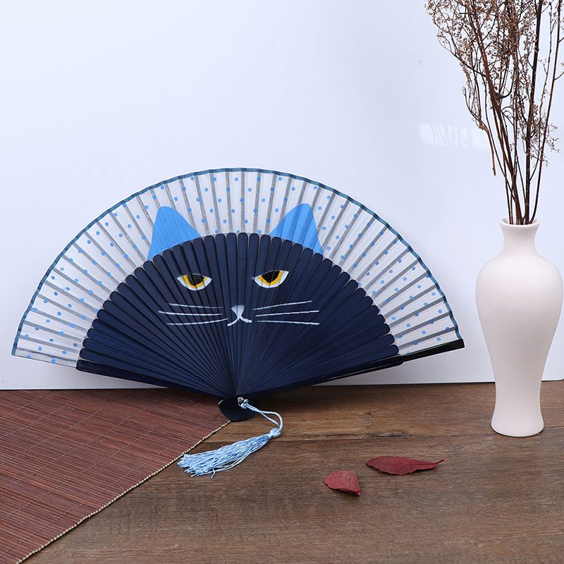 Silk Fan Cartoon Drawing Folding Handle Hand-painted Hand Bamboo Cat Summer Supplies Wedding Cat Fan Party Gifts Pocket