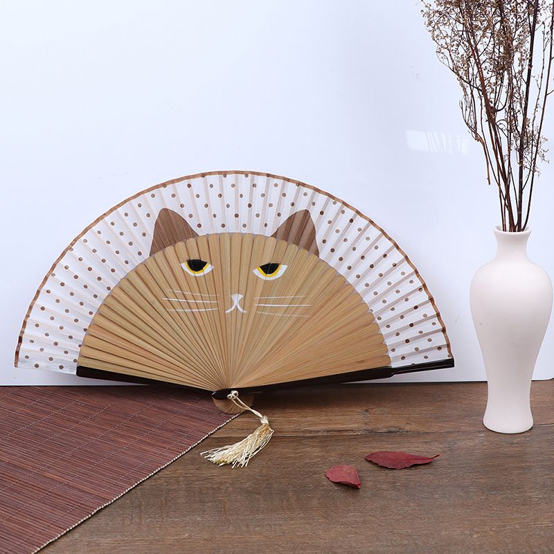 Silk Fan Cartoon Drawing Folding Handle Hand-painted Hand Bamboo Cat Summer Supplies Wedding Cat Fan Party Gifts Pocket