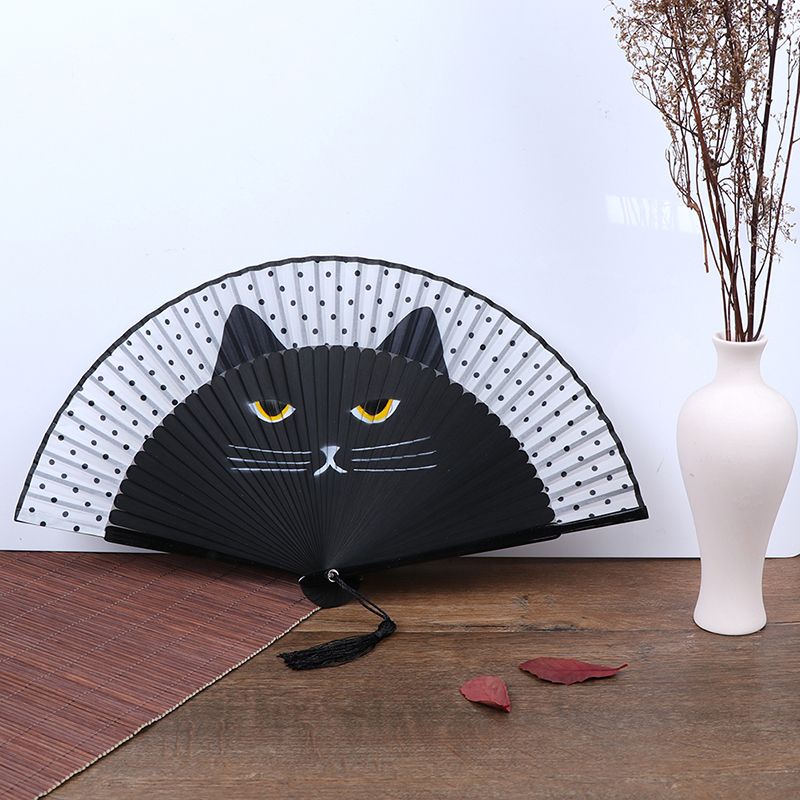 Silk Fan Cartoon Drawing Folding Handle Hand-painted Hand Bamboo Cat Summer Supplies Wedding Cat Fan Party Gifts Pocket