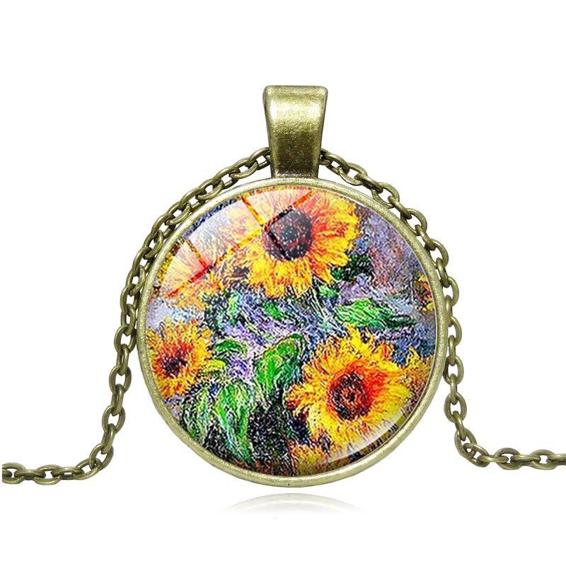 Geometric Round Sunflower Pendant Necklace