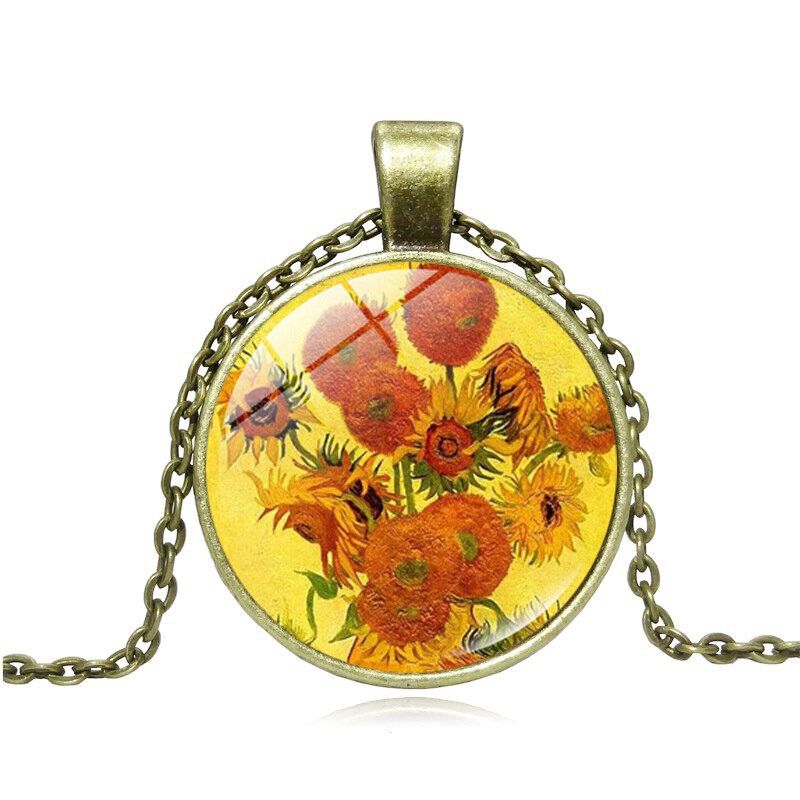 Geometric Round Sunflower Pendant Necklace