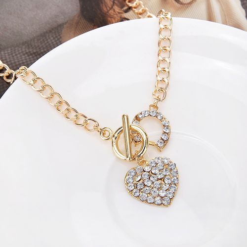 Elegant Pendant Necklace Chain Rhinestone Heart Circular Geo