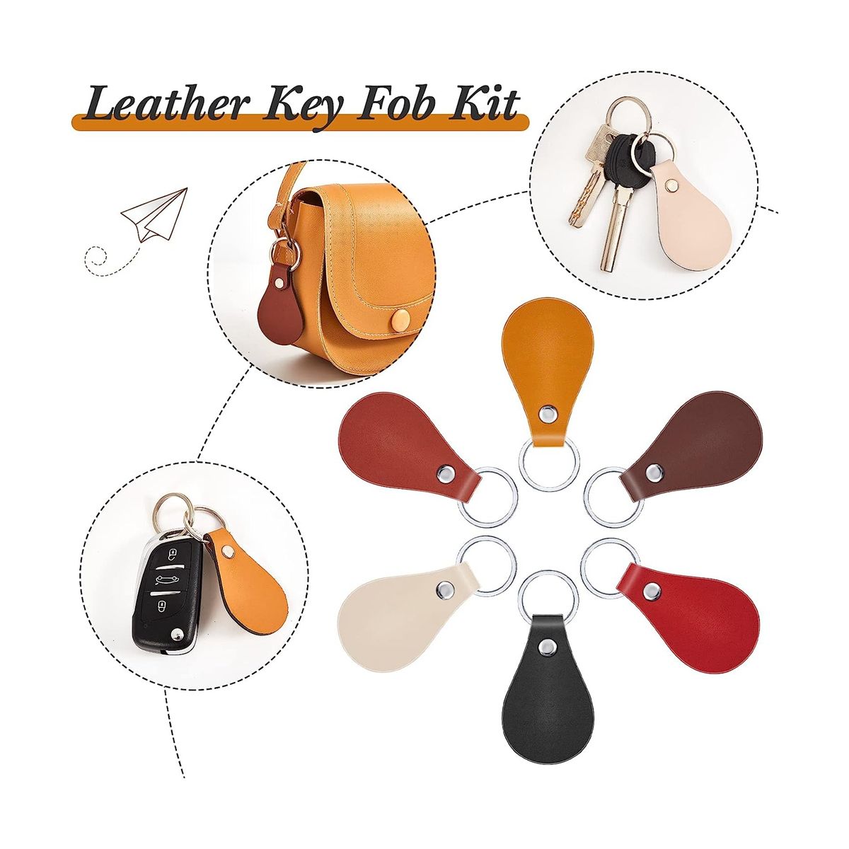 36Pcs PU Leather Key Chain Kit,Leather Key Fob Kit Leather Keychain with Key Rings and Rivets for DIY Craft (6 Colors)