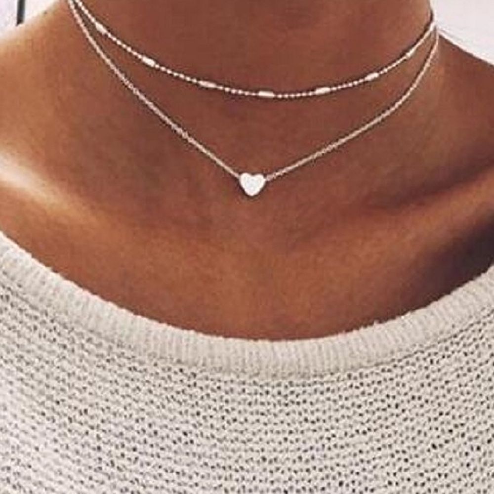 Simple And Small Heart Double Oval Bead Clavicle Chain Women's Necklace-Gold