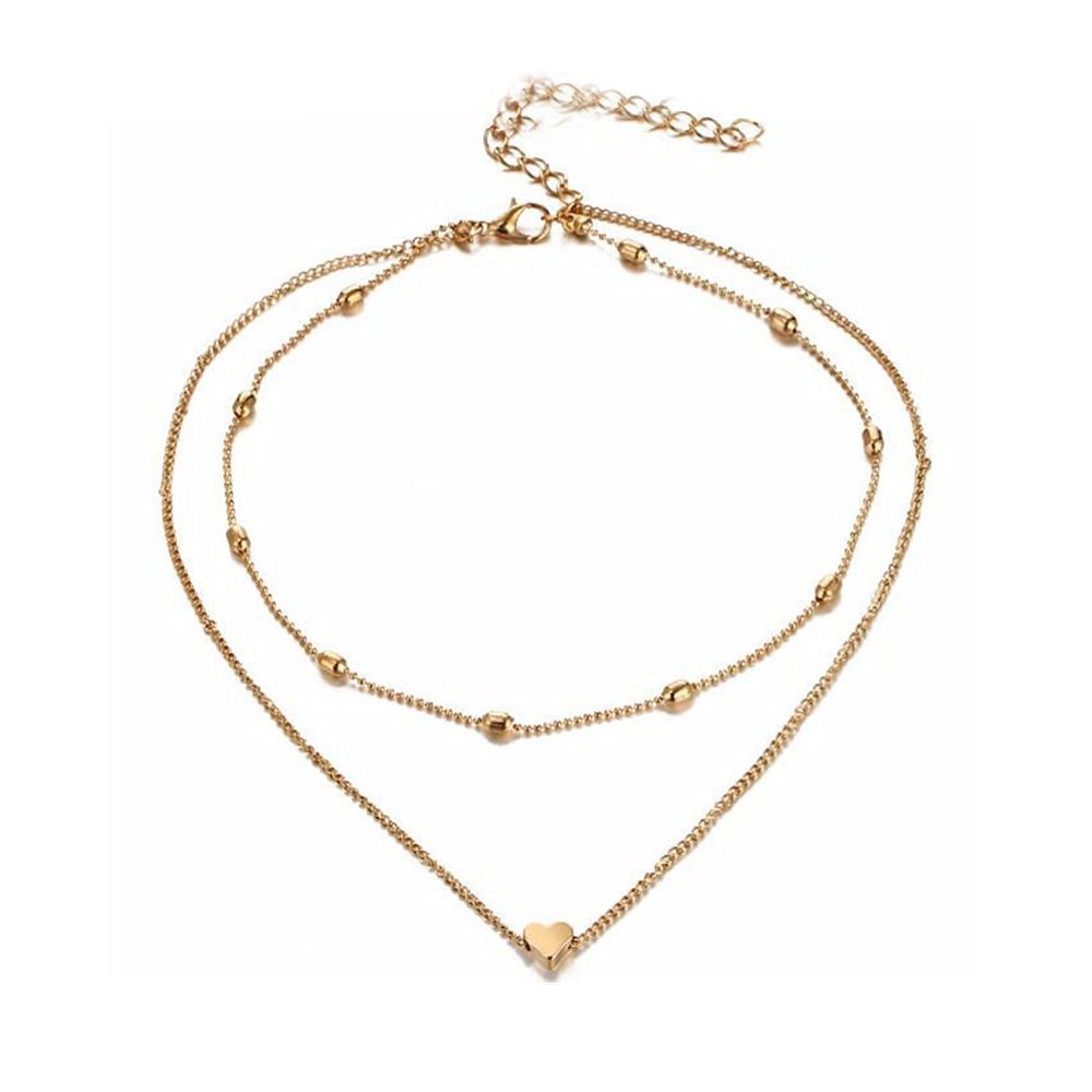 Simple And Small Heart Double Oval Bead Clavicle Chain Women's Necklace-Gold