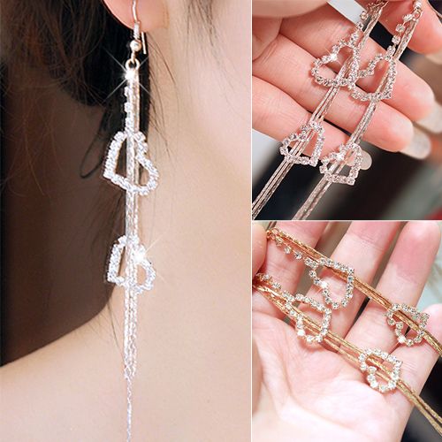 Lady Rhinestone Double Love Heart Drop Long Tassels Chain Dangle Linear Earrings-Silver