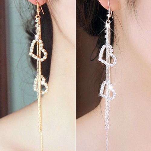 Lady Rhinestone Double Love Heart Drop Long Tassels Chain Dangle Linear Earrings-Silver