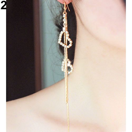 Lady Rhinestone Double Love Heart Drop Long Tassels Chain Dangle Linear Earrings-Silver