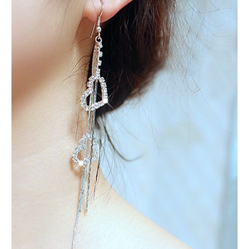 Lady Rhinestone Double Love Heart Drop Long Tassels Chain Dangle Linear Earrings-Silver