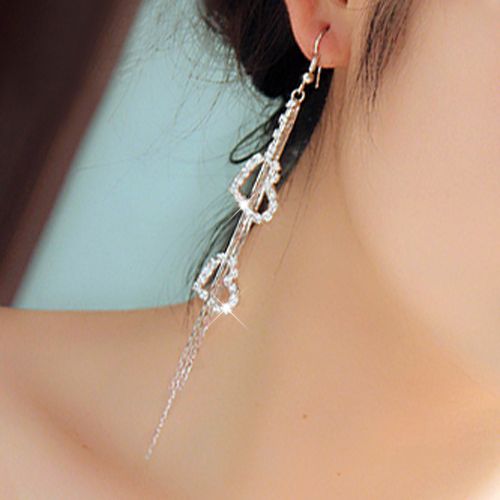 Lady Rhinestone Double Love Heart Drop Long Tassels Chain Dangle Linear Earrings-Silver